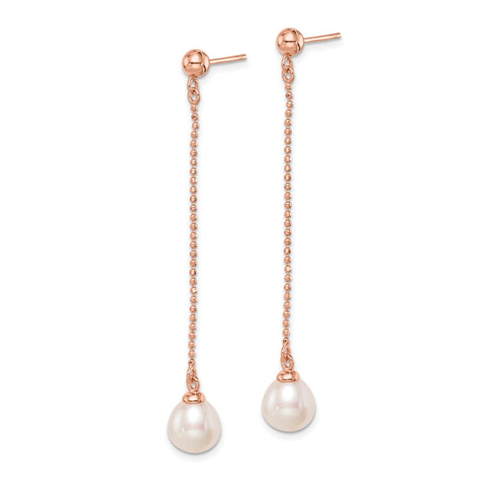 QE14649 Sterling Silver Rose-tone 18k Flash Gold-plated 7-8mm White Rice Freshwater Cultured Pearl Post Dangle Earrings