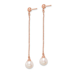 QE14649 Sterling Silver Rose-tone 18k Flash Gold-plated 7-8mm White Rice Freshwater Cultured Pearl Post Dangle Earrings