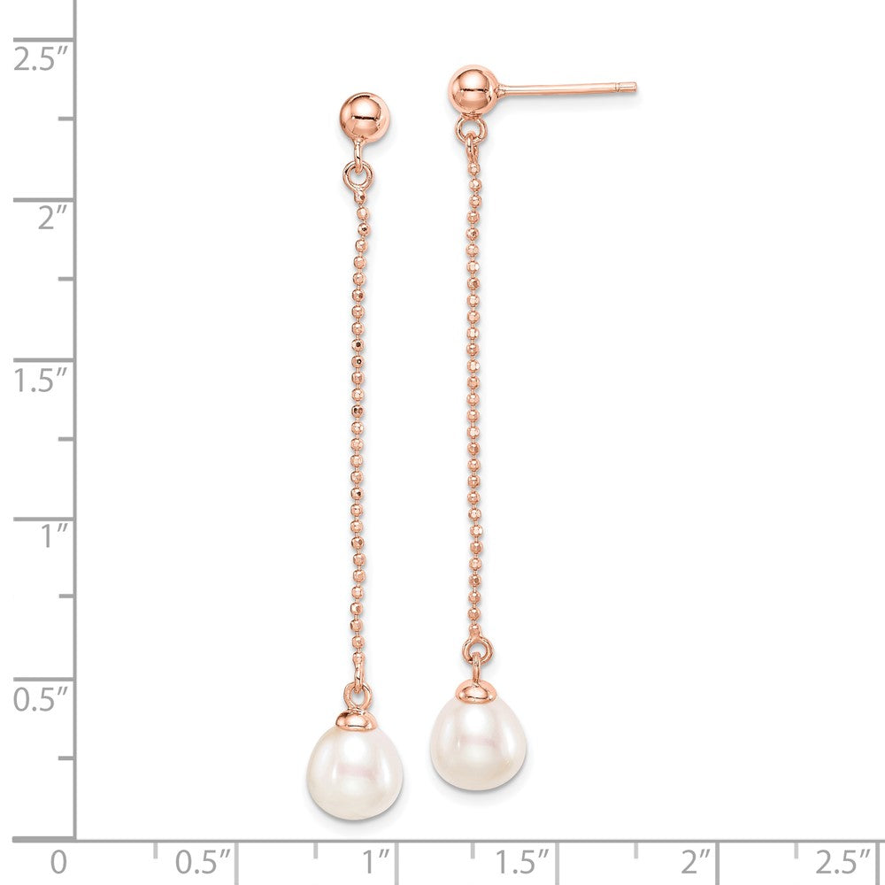QE14649 Sterling Silver Rose-tone 18k Flash Gold-plated 7-8mm White Rice Freshwater Cultured Pearl Post Dangle Earrings