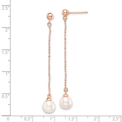 QE14649 Sterling Silver Rose-tone 18k Flash Gold-plated 7-8mm White Rice Freshwater Cultured Pearl Post Dangle Earrings