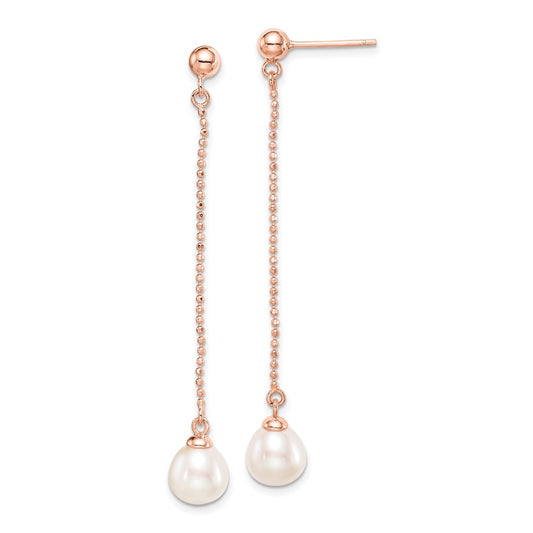 QE14649 Sterling Silver Rose-tone 18k Flash Gold-plated 7-8mm White Rice Freshwater Cultured Pearl Post Dangle Earrings