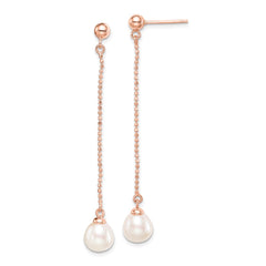 QE14649 Sterling Silver Rose-tone 18k Flash Gold-plated 7-8mm White Rice Freshwater Cultured Pearl Post Dangle Earrings