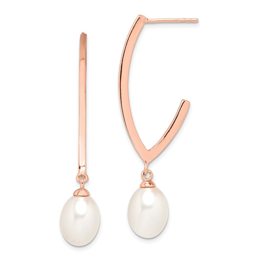 QE14650 Sterling Silver Rose-tone 18k Flash Gold-plated 8-9mm White Rice Freshwater Cultured Pearl Post Dangle Earrings