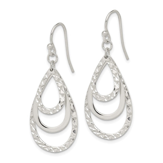 QE14666 Sterling Silver Polished & Diamond-cut Triple Teardrop Dangle Earrings