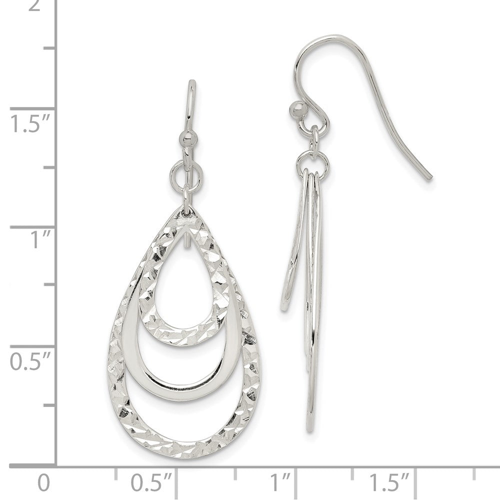 QE14666 Sterling Silver Polished & Diamond-cut Triple Teardrop Dangle Earrings