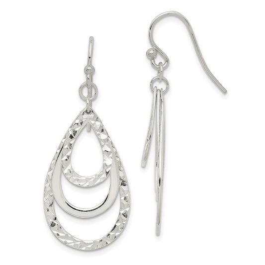 QE14666 Sterling Silver Polished & Diamond-cut Triple Teardrop Dangle Earrings