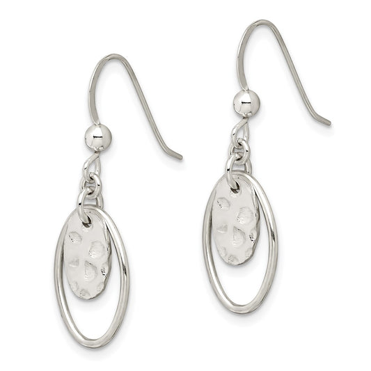 QE14698 Sterling Silver Polished & Hammered Oval Dangle Earrings