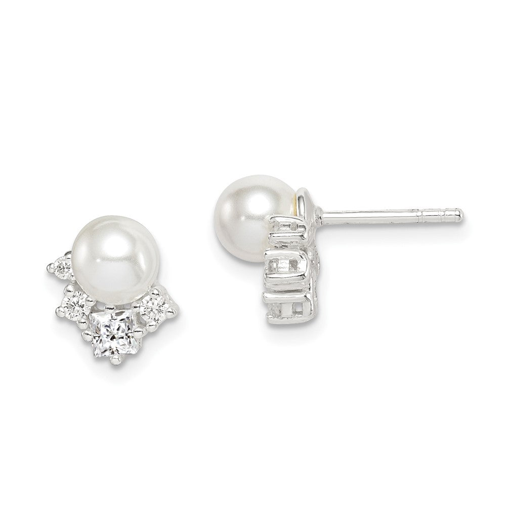 QE14715 Sterling Silver CZ and Glass Pearl Post Earrings