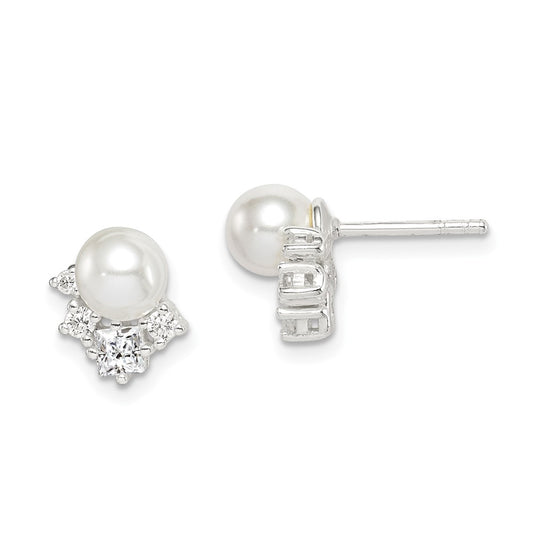 QE14715 Sterling Silver CZ and Glass Pearl Post Earrings