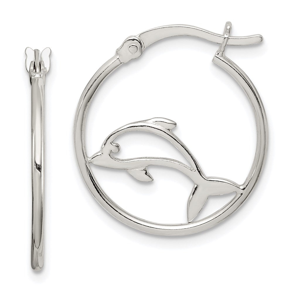 QE14723 Sterling Silver Polished Dolphin Hoop Earrings