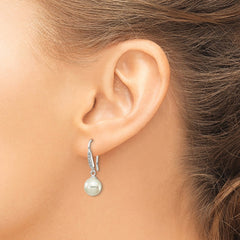 QE14776 Sterling Silver Rhodium-plated Polished White 7-8mm Shell Pearl & CZ Dangle Earrings