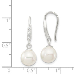 QE14776 Sterling Silver Rhodium-plated Polished White 7-8mm Shell Pearl & CZ Dangle Earrings