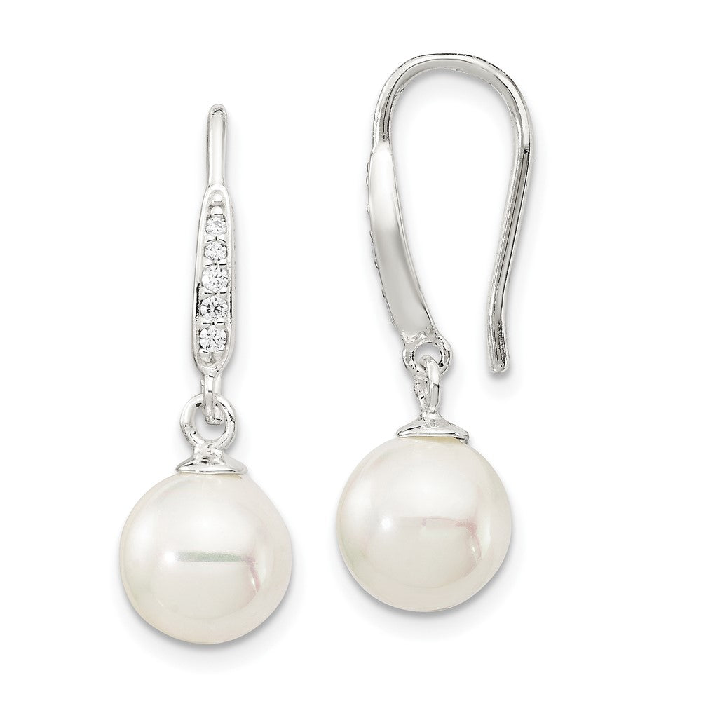 QE14776 Sterling Silver Rhodium-plated Polished White 7-8mm Shell Pearl & CZ Dangle Earrings