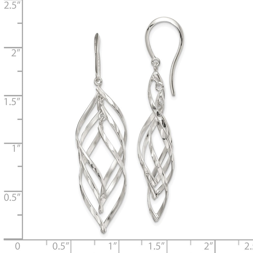 QE14807 Sterling Silver Fancy Polished & Diamond-cut Twisted Dangle Earrings