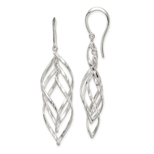 QE14807 Sterling Silver Fancy Polished & Diamond-cut Twisted Dangle Earrings