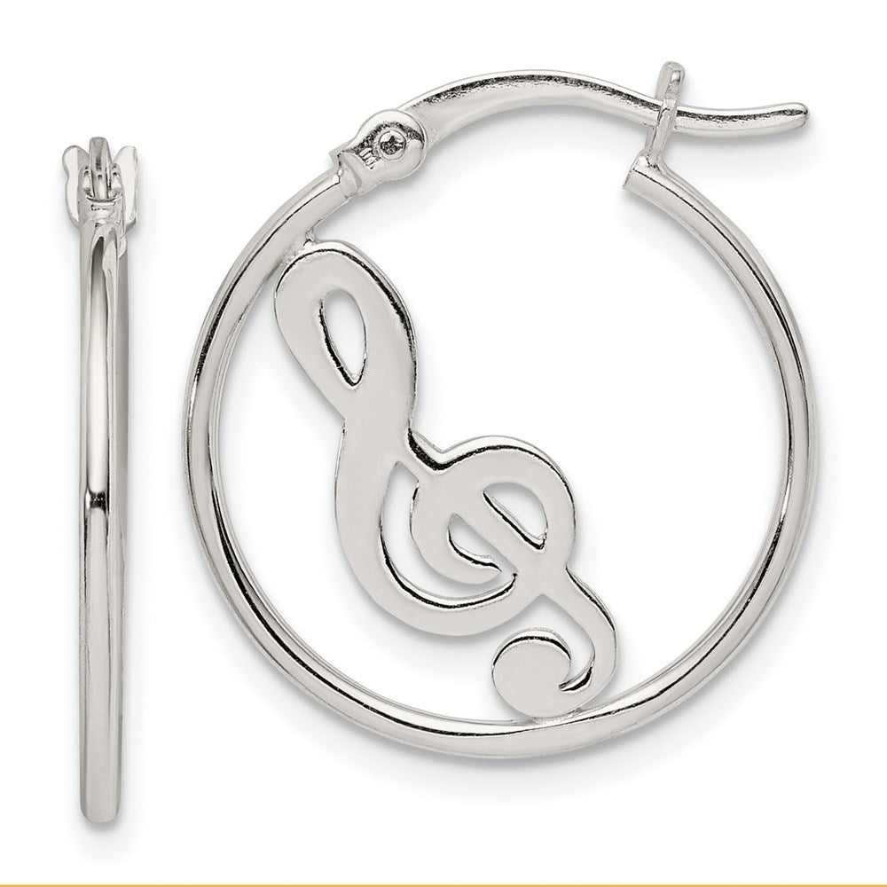 QE14813 Sterling Silver Polished Music Note Hoop Earrings