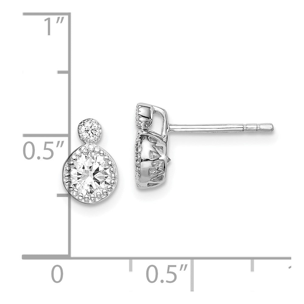 QE14818 Sterling Silver RH-plated Polished & Beaded Double CZ Circle Post Earrings