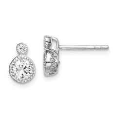 QE14818 Sterling Silver RH-plated Polished & Beaded Double CZ Circle Post Earrings