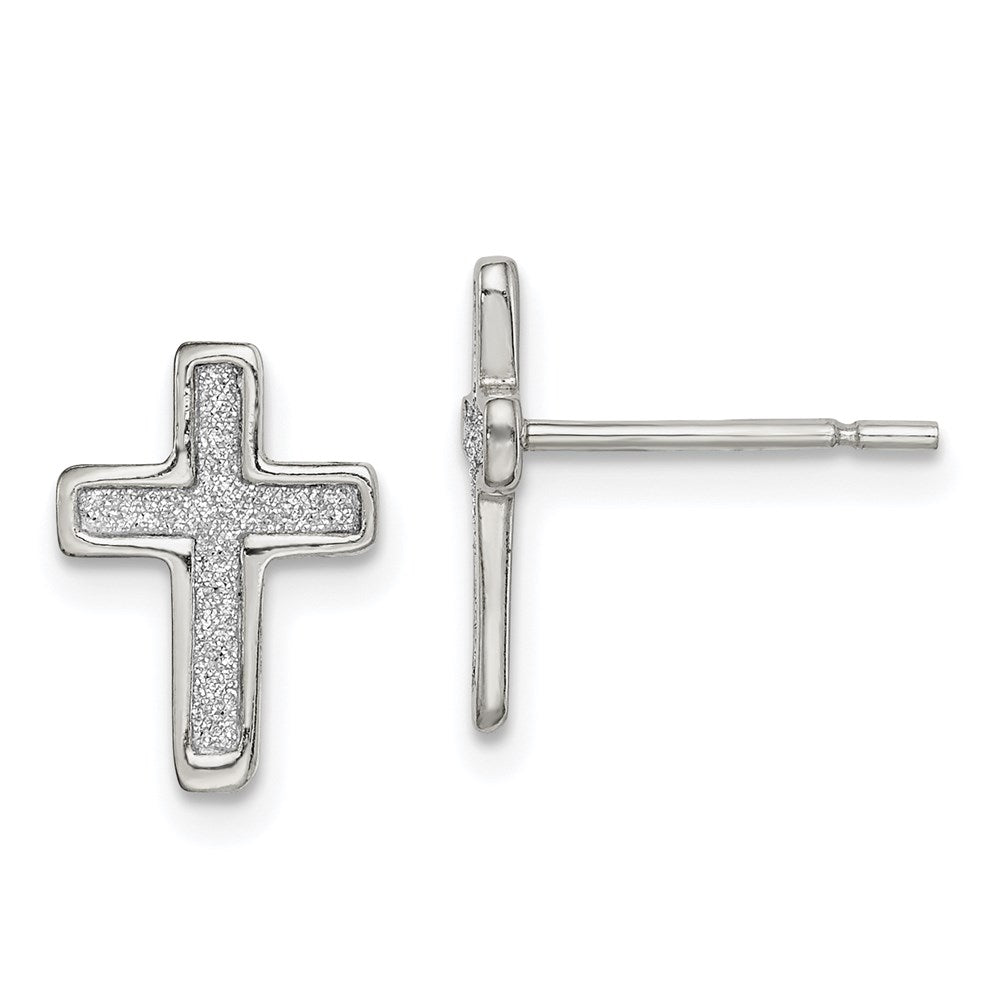 QE14849 Sterling Silver Polished Glitter Infused Latin Cross Post Earrings