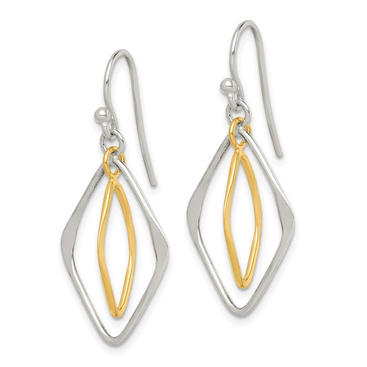 QE14865 Sterling Silver & Gold Tone Polished Diamond Shaped Dangle Earrings