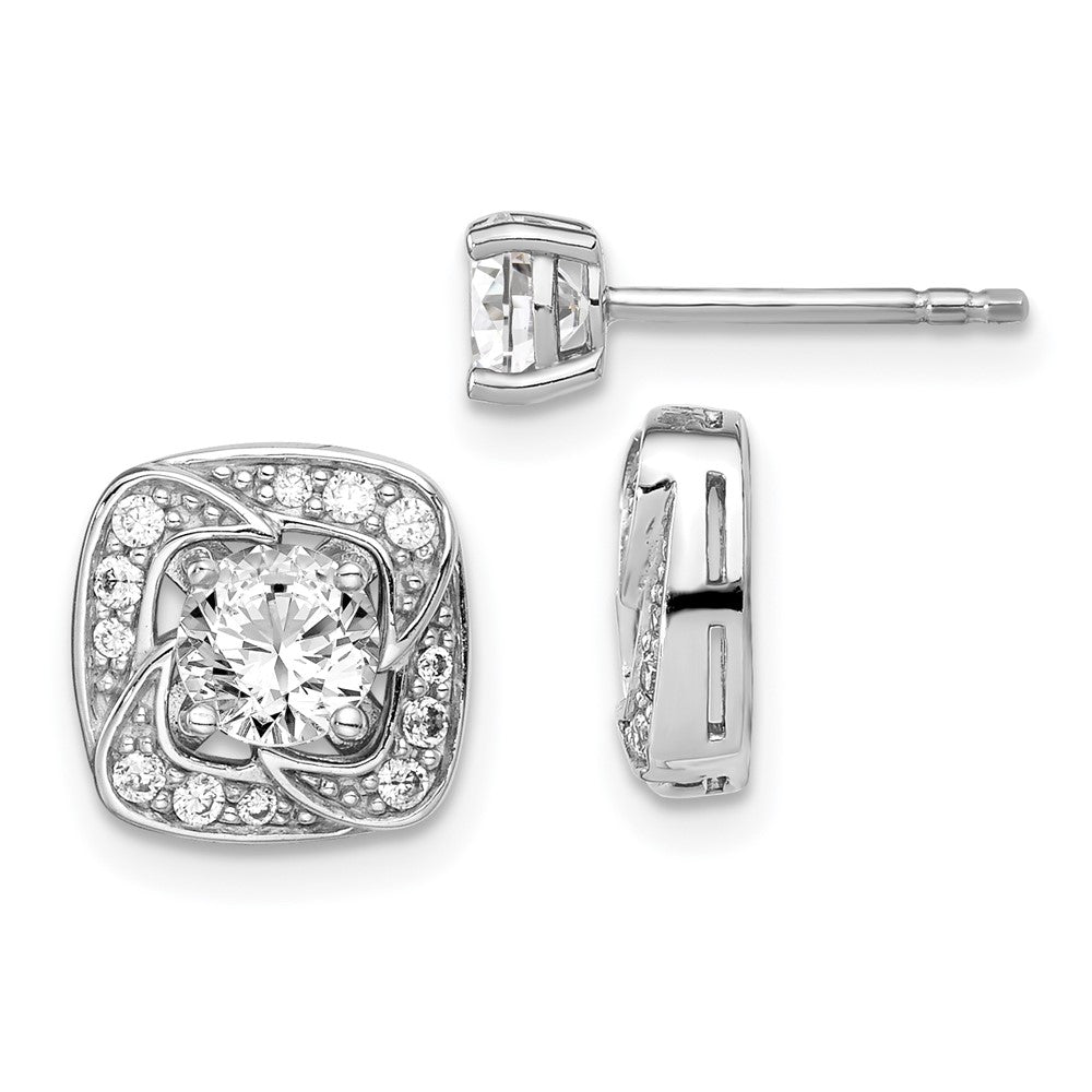 QE14878 Sterling Silver RH-plated 5mm Round CZ Post w/ Square Jackets Earrings