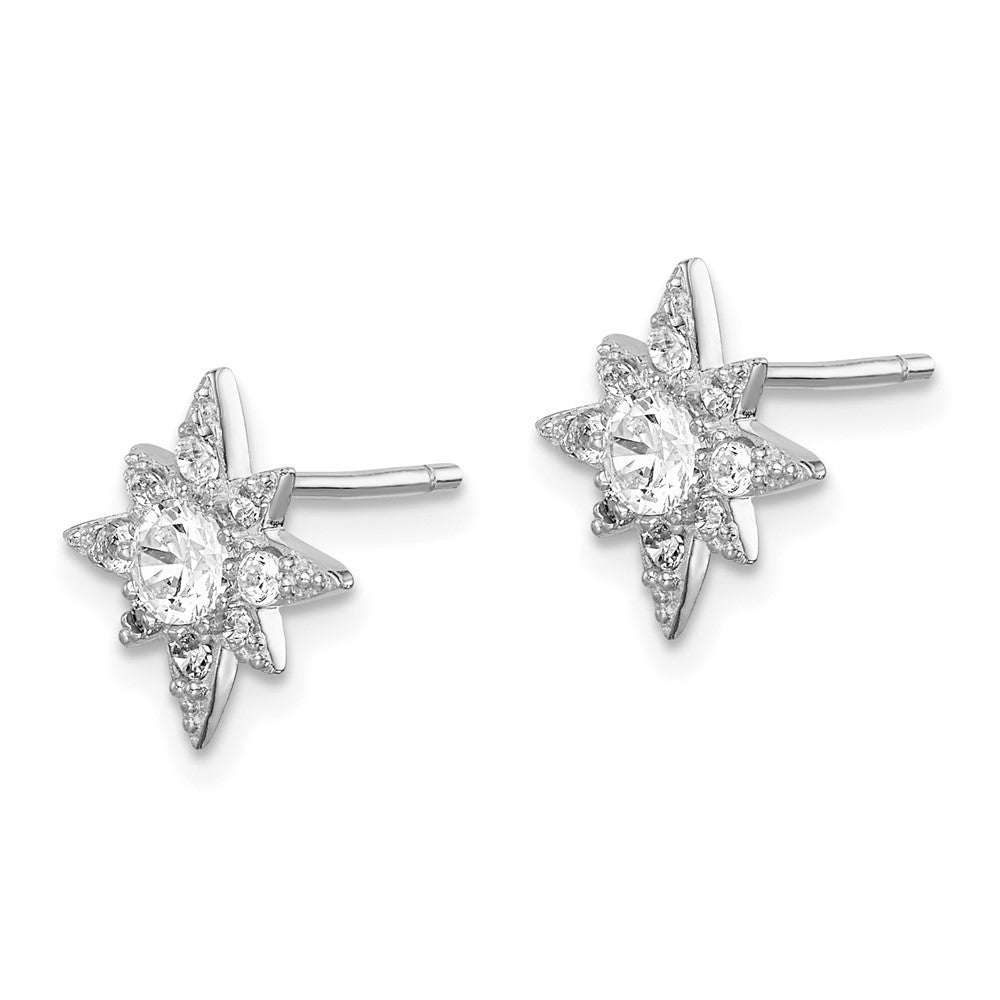 QE14886 Sterling Silver Rhodium-plated Polished & Beaded CZ Star Post Earrings