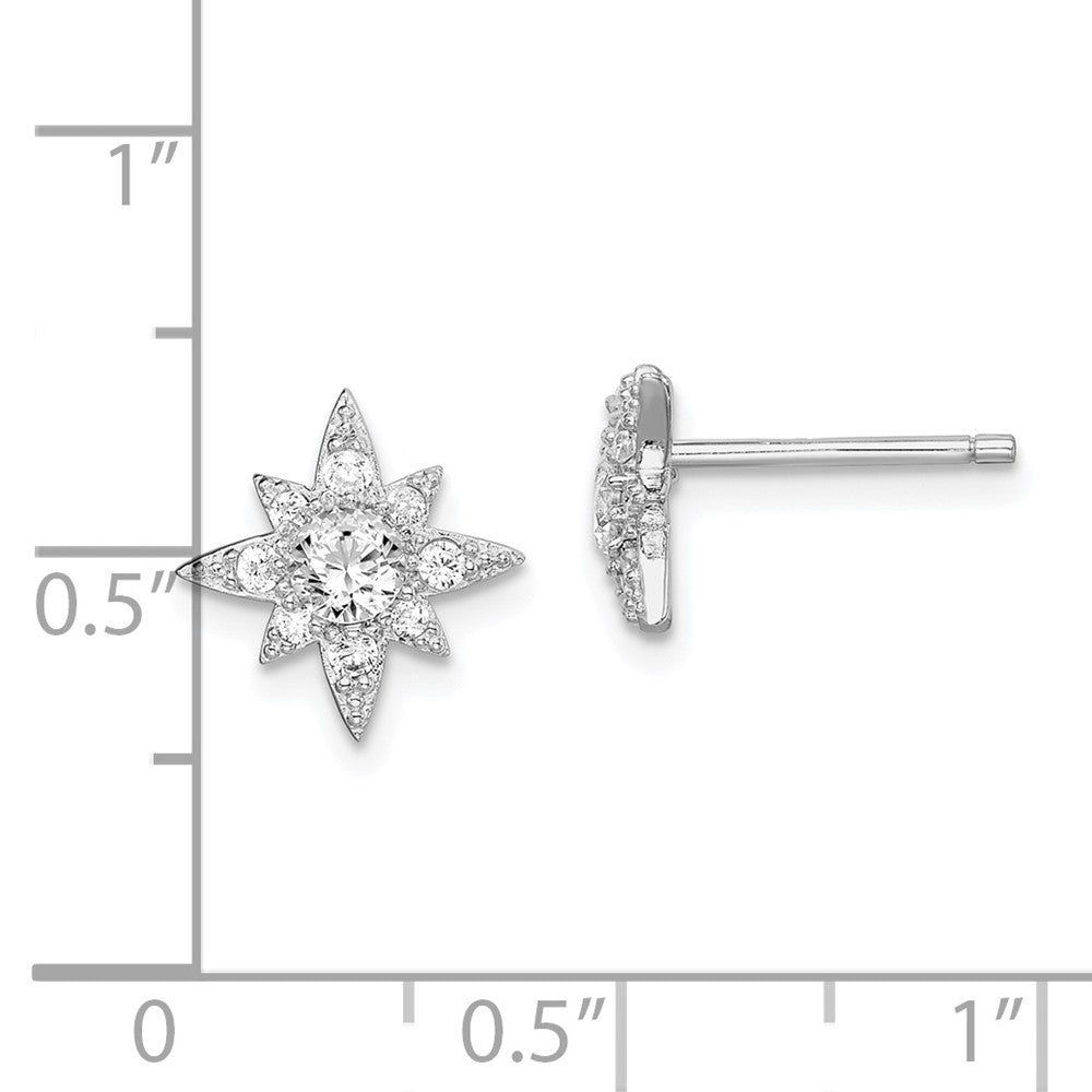 QE14886 Sterling Silver Rhodium-plated Polished & Beaded CZ Star Post Earrings