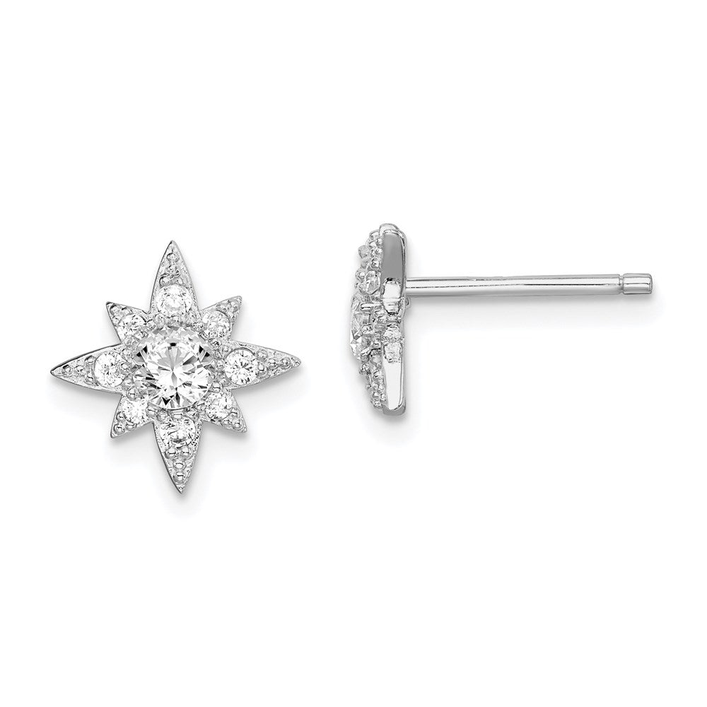 QE14886 Sterling Silver Rhodium-plated Polished & Beaded CZ Star Post Earrings