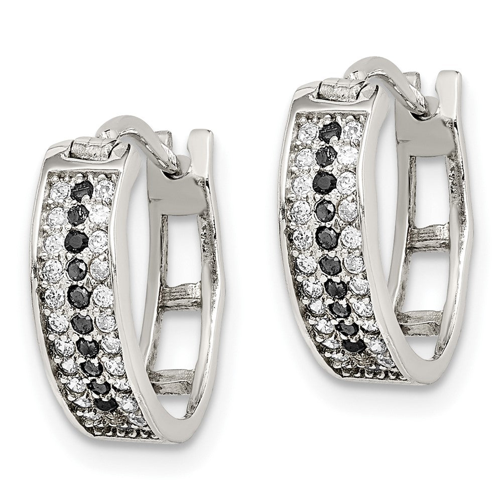 QE14894 Sterling Silver RH-pltd Polished Black/White CZ 4mm Round Hoop Earrings