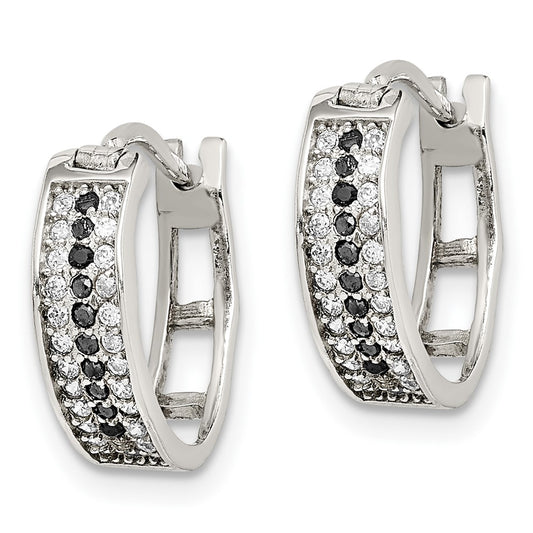 QE14894 Sterling Silver RH-pltd Polished Black/White CZ 4mm Round Hoop Earrings