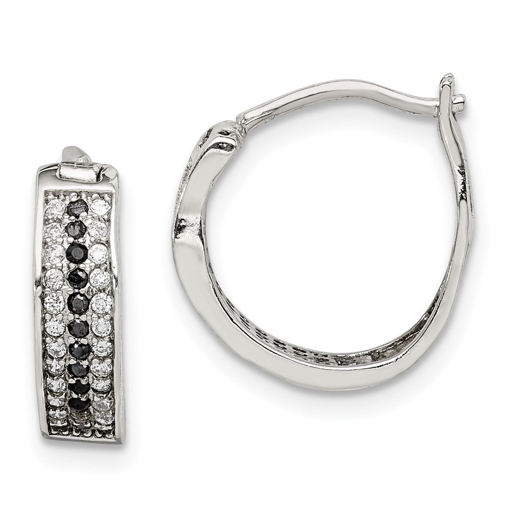 QE14894 Sterling Silver RH-pltd Polished Black/White CZ 4mm Round Hoop Earrings
