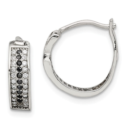 QE14894 Sterling Silver RH-pltd Polished Black/White CZ 4mm Round Hoop Earrings