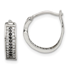QE14894 Sterling Silver RH-pltd Polished Black/White CZ 4mm Round Hoop Earrings