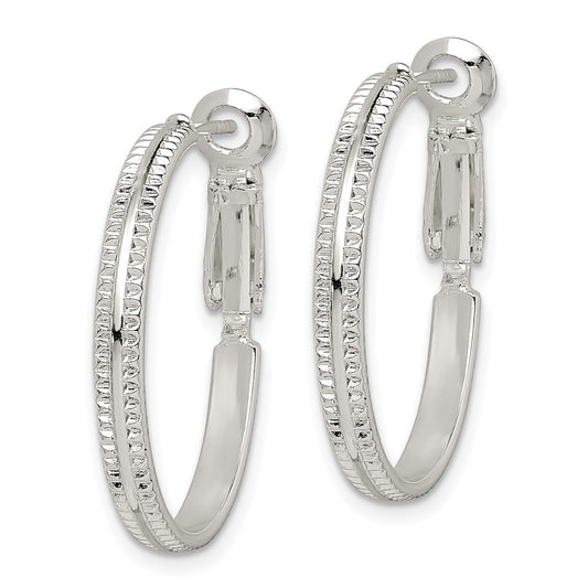 QE14925 Sterling Silver Milgrain 2.25x25mm Omega Back Round Hoop Earrings