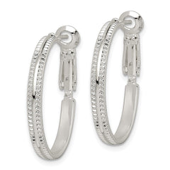 QE14925 Sterling Silver Milgrain 2.25x25mm Omega Back Round Hoop Earrings