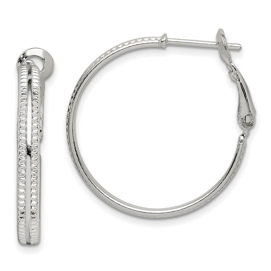 QE14925 Sterling Silver Milgrain 2.25x25mm Omega Back Round Hoop Earrings