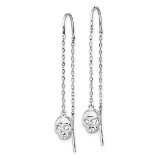 QE14961 Sterling Silver Rhodium-plated Polished Skull Threader Earrings