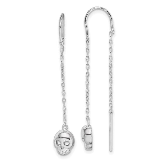 QE14961 Sterling Silver Rhodium-plated Polished Skull Threader Earrings