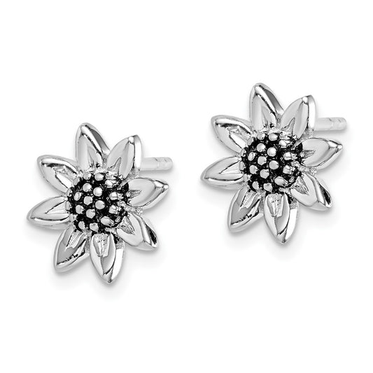 QE14962 Sterling Silver Rhodium-plated Sunflower Post Earring