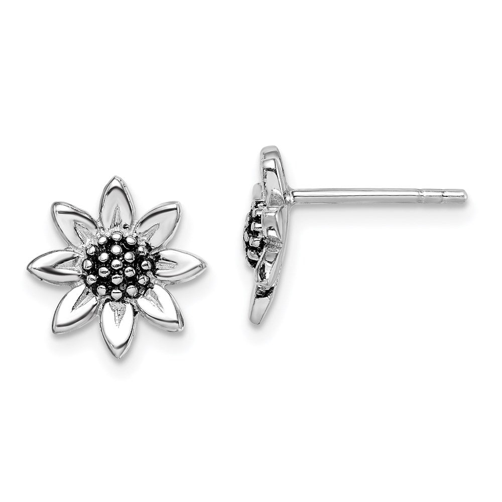 QE14962 Sterling Silver Rhodium-plated Sunflower Post Earring