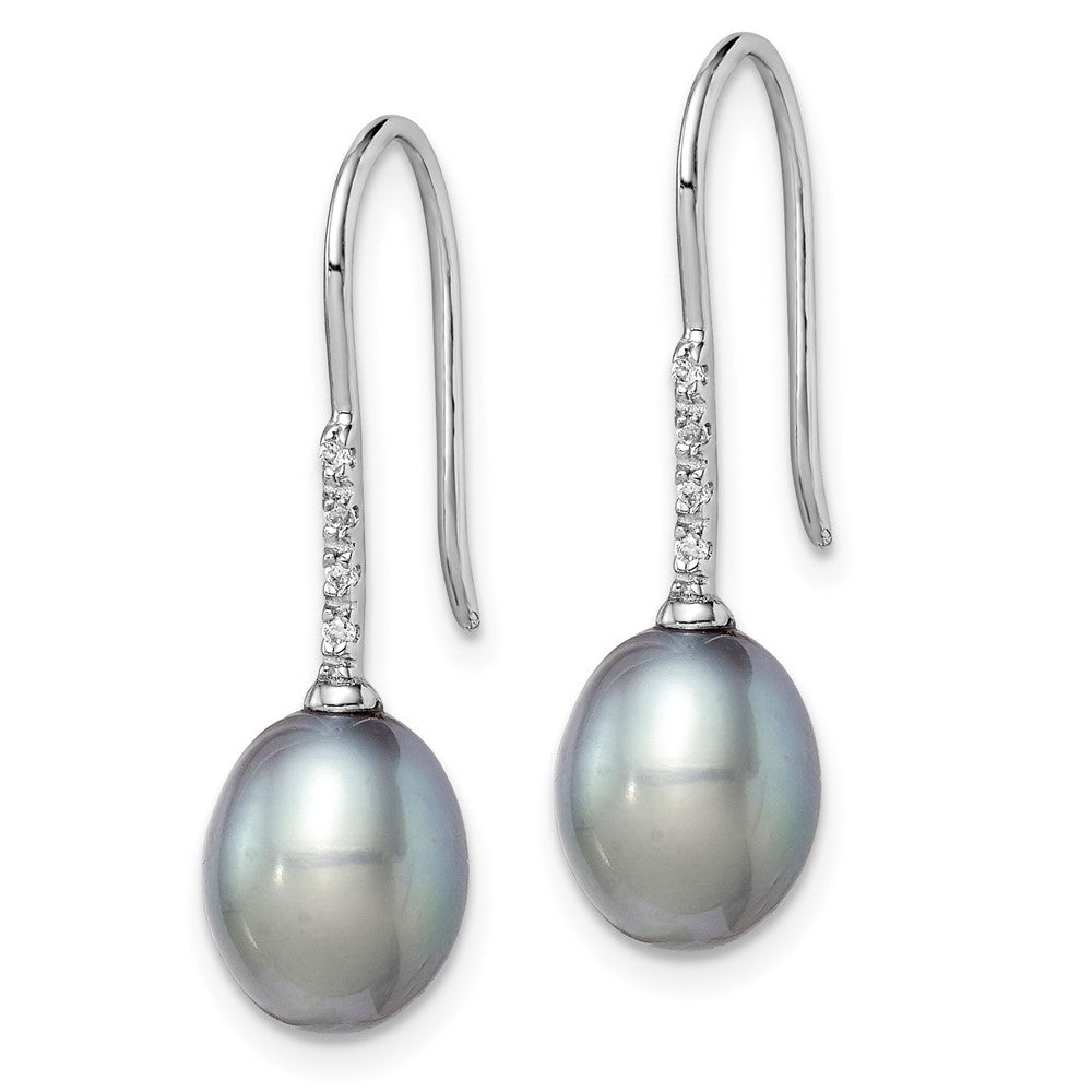 QE14963 Sterling Silver Rhodium-plated 7-8mm Grey Teardrop Freshwater Cultured Pearl and CZ Dangle Earrings