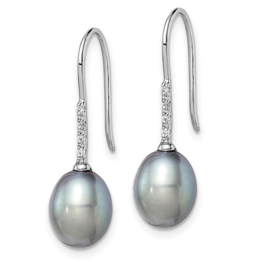 QE14963 Sterling Silver Rhodium-plated 7-8mm Grey Teardrop Freshwater Cultured Pearl and CZ Dangle Earrings