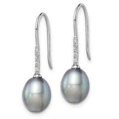 QE14963 Sterling Silver Rhodium-plated 7-8mm Grey Teardrop Freshwater Cultured Pearl and CZ Dangle Earrings
