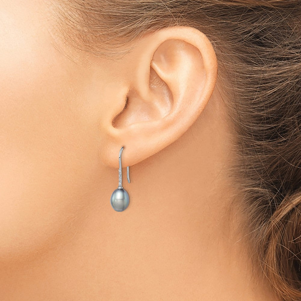 QE14963 Sterling Silver Rhodium-plated 7-8mm Grey Teardrop Freshwater Cultured Pearl and CZ Dangle Earrings
