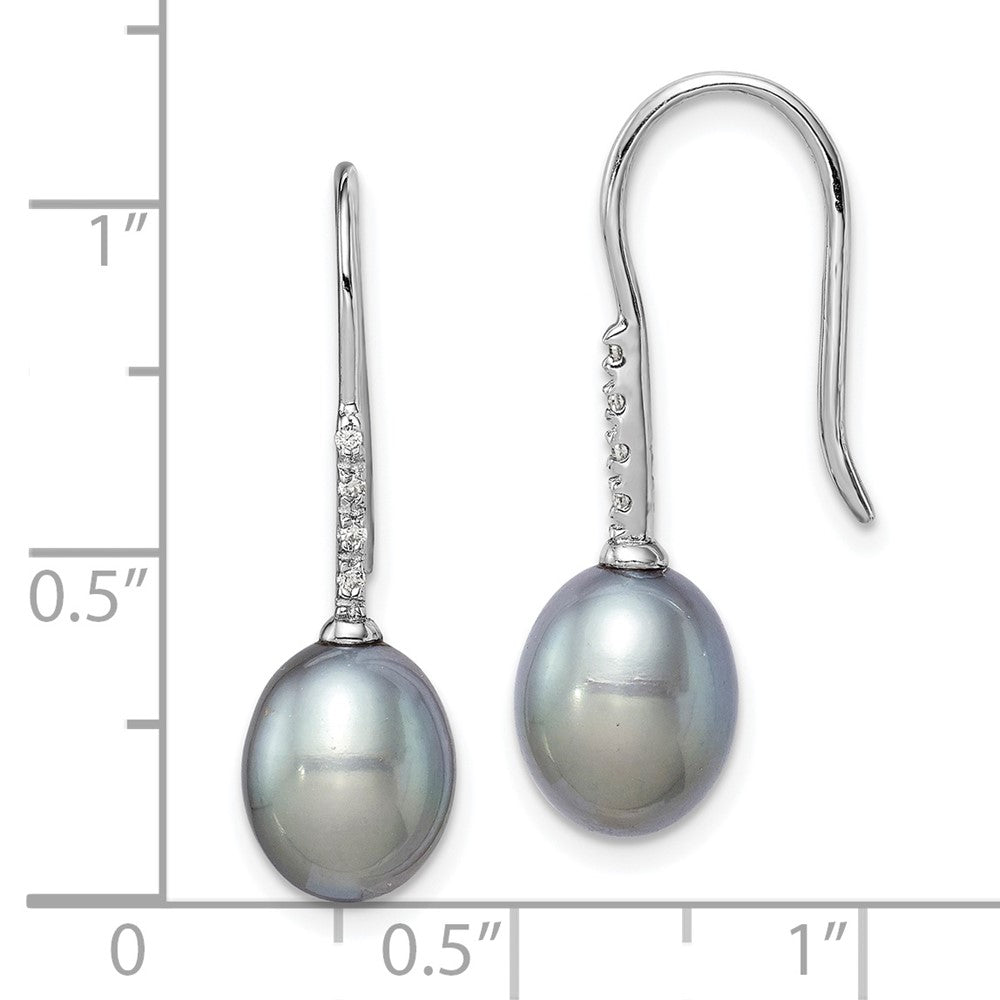 QE14963 Sterling Silver Rhodium-plated 7-8mm Grey Teardrop Freshwater Cultured Pearl and CZ Dangle Earrings