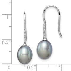 QE14963 Sterling Silver Rhodium-plated 7-8mm Grey Teardrop Freshwater Cultured Pearl and CZ Dangle Earrings