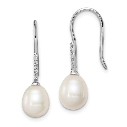QE14963 Sterling Silver Rhodium-plated 7-8mm Grey Teardrop Freshwater Cultured Pearl and CZ Dangle Earrings