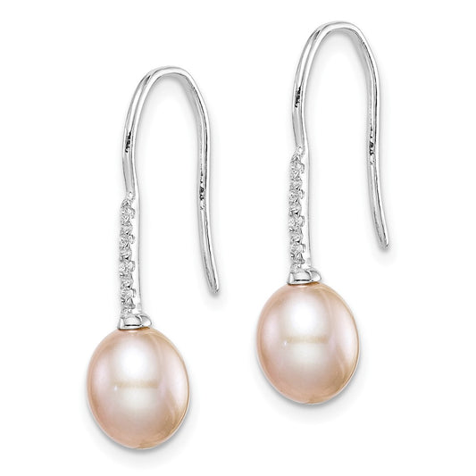 QE14964 Sterling Silver Rhodium-plated 7-8mm Pink Teardrop Freshwater Cultured Pearl and CZ Dangle Earrings