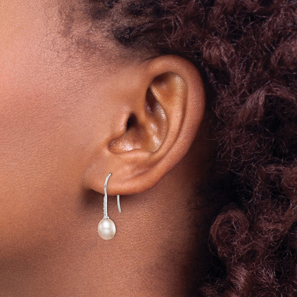 QE14964 Sterling Silver Rhodium-plated 7-8mm Pink Teardrop Freshwater Cultured Pearl and CZ Dangle Earrings