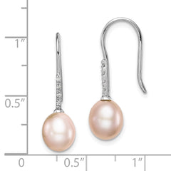 QE14964 Sterling Silver Rhodium-plated 7-8mm Pink Teardrop Freshwater Cultured Pearl and CZ Dangle Earrings